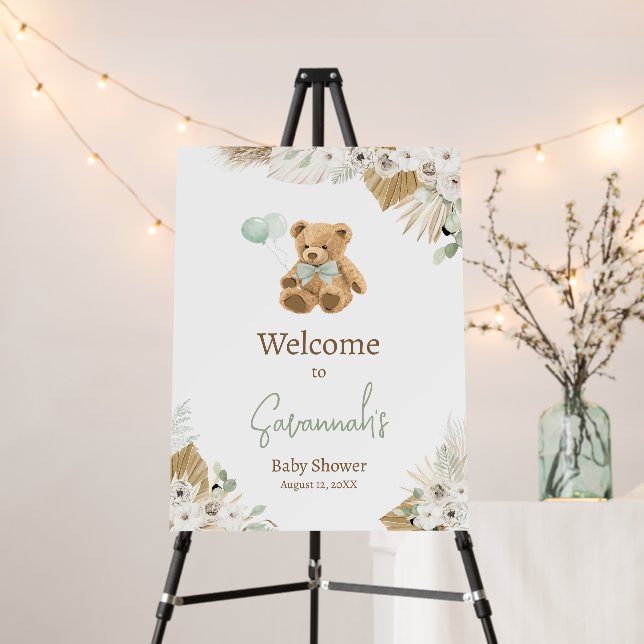 Boho Green Bear Baby Shower Welcome Sign (In Situ (Stand))