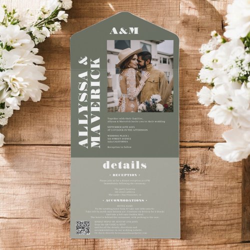 Boho green Bold simple monogram photo wedding All In One Invitation