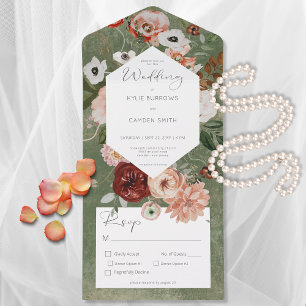 Boho Green Burgundy Fall Floral Dinner All In One Invitation