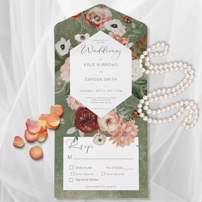 Boho Green Burgundy Fall Floral Dinner All In One Invitation (Creator Uploaded)