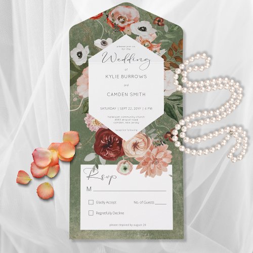 Boho Green Burgundy Fall Floral No Dinner All In One Invitation