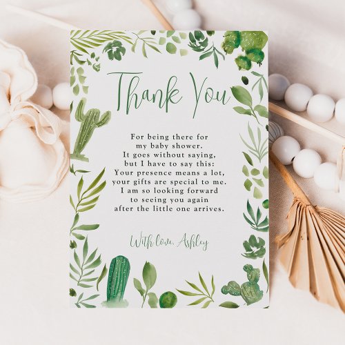 Boho green cactus gender neutral chic baby shower thank you card