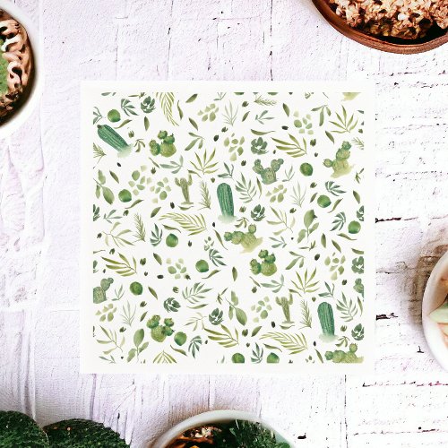 Boho green cactus leaves watercolor pattern desert napkins
