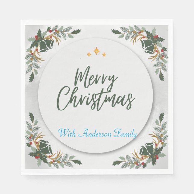 BOHO GREEN CHRISTMAS COCKTAIL PARTY PEROSANLISED  NAPKINS (Front)