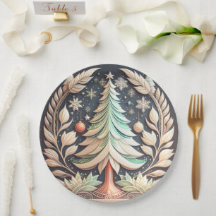 Boho Green Christmas Tree Illustration  Paper Plates