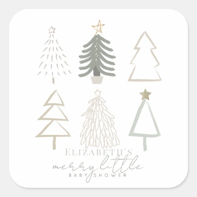 Boho Green Christmas Trees Baby Shower Square Sticker (Front)