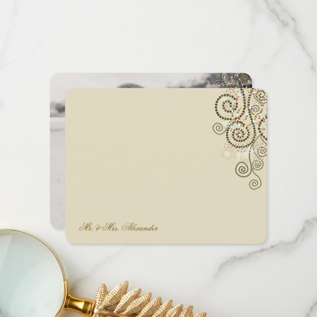 Boho Green Dots & Spirals Elegant Wedding Photo Thank You Card (Front/Back In Situ)