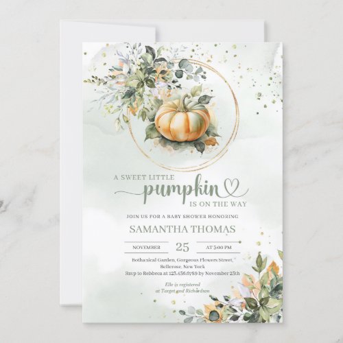 Boho green eucalyptus fall leaves little pumpkin invitation