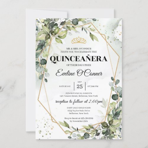 Boho green eucalyptus gold frame princess crown  invitation