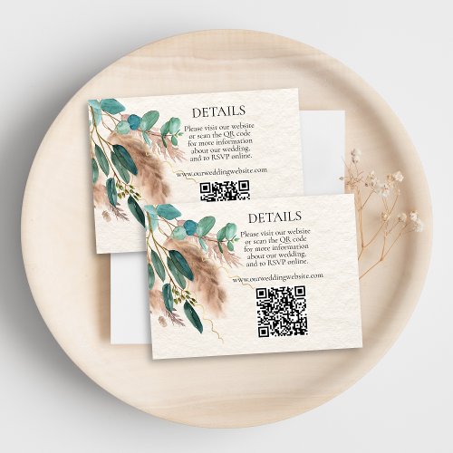 Boho Green Eucalyptus Pampas Grass QR Code Wedding Enclosure Card