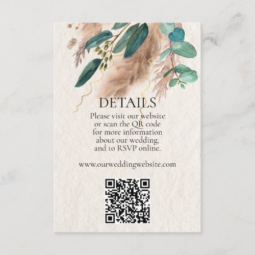 Boho Green Eucalyptus Pampas Grass QR Code Wedding Enclosure Card