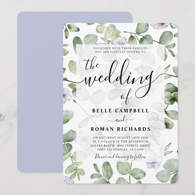 Boho Green Eucalyptus & Purple Floral Wedding  Invitation (Front/Back)