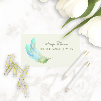 Boho Green Feathers House Cleaning Services Business Card by GirlyBusinessCards at Zazzle