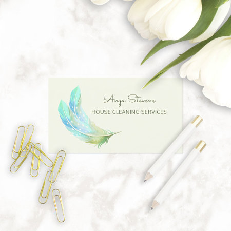 Boho Green Feathers House Cleaning Services Business Card