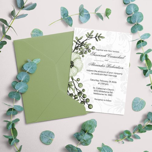 Boho Green Floral Berries Damask Wedding Invitation