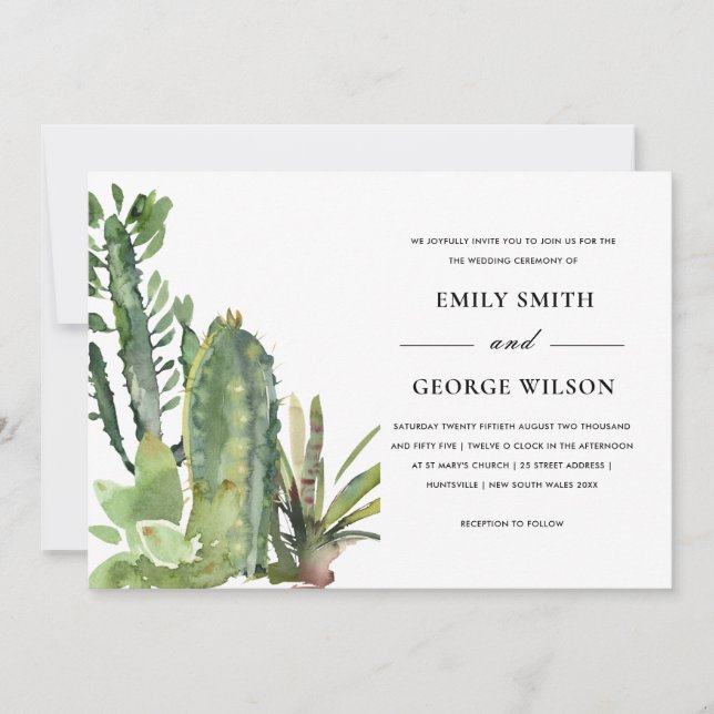 BOHO GREEN FLORAL DESERT CACTI FOLIAGE WEDDING INVITATION (Front)