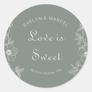 Boho Green Floral Wedding Love is Sweet  Classic Round Sticker