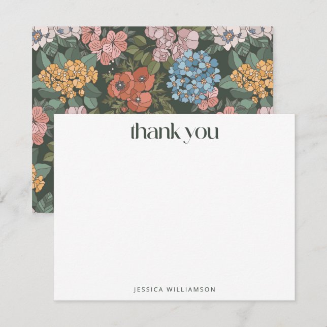 Boho Green Floral Wildflower Custom Stationery Thank You Card (Front/Back)