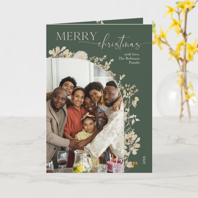 Boho Green Floral Wreath Photo Christmas Card (Yellow Flower)