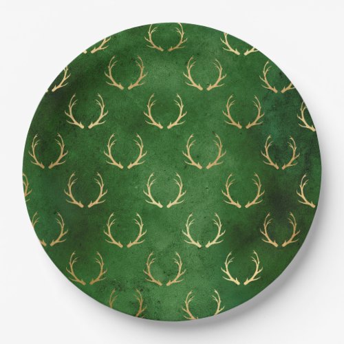 Boho Green Gold Antlers Christmas Paper Plates