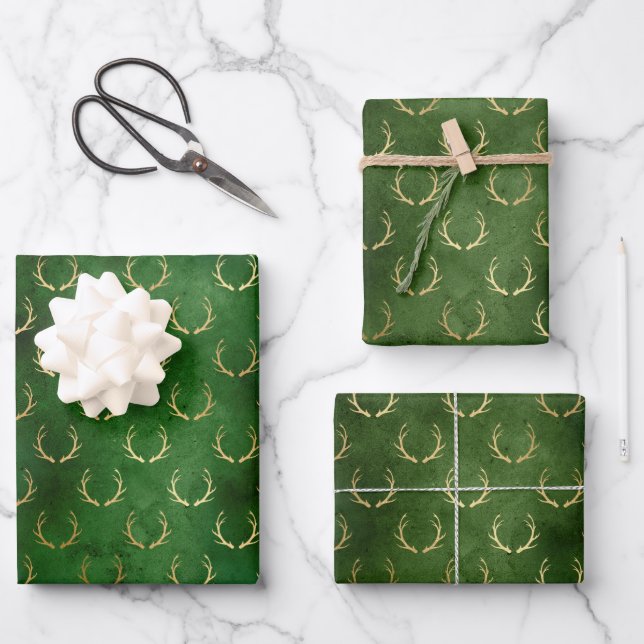 Boho Green Gold Antlers Christmas Wrapping Paper Sheets (Front)