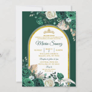 Boho Green Gold Floral Mexican Quinceañera Invitation
