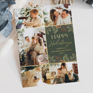 Boho Green Gold Foil 5 Photo Happy Holidays Card