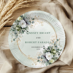 Boho Green Gold Personalized Botanical Wedding Paper Plates