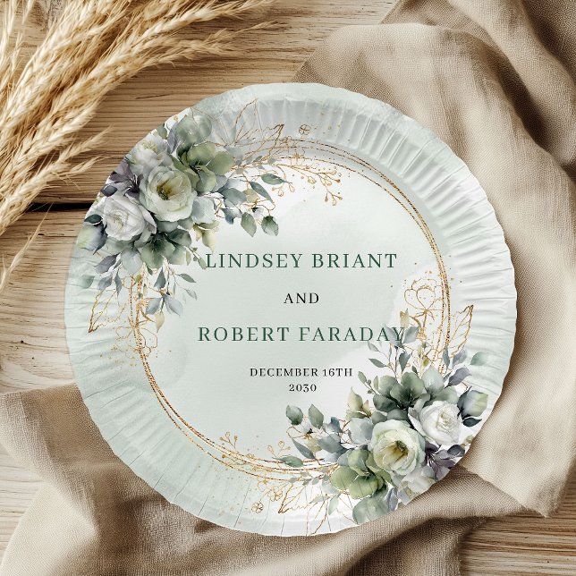 Boho Green Gold Personalized Eucalyptus Wedding  Paper Plates (Boho Green Gold Personalized Eucalyptus Wedding Plates)
