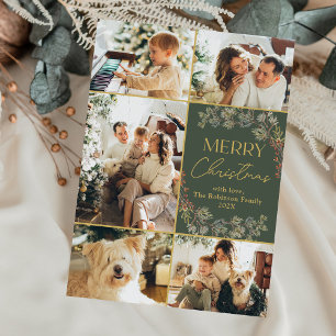 Boho Green Gold Script Family Photo Christmas Card
