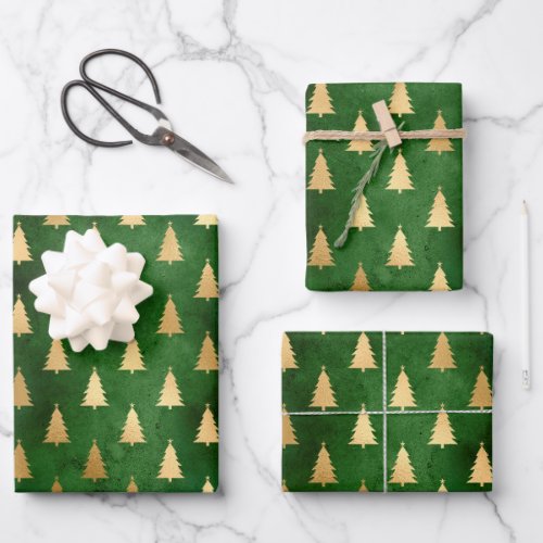 Boho Green Gold Trees Christmas Wrapping Paper Sheets