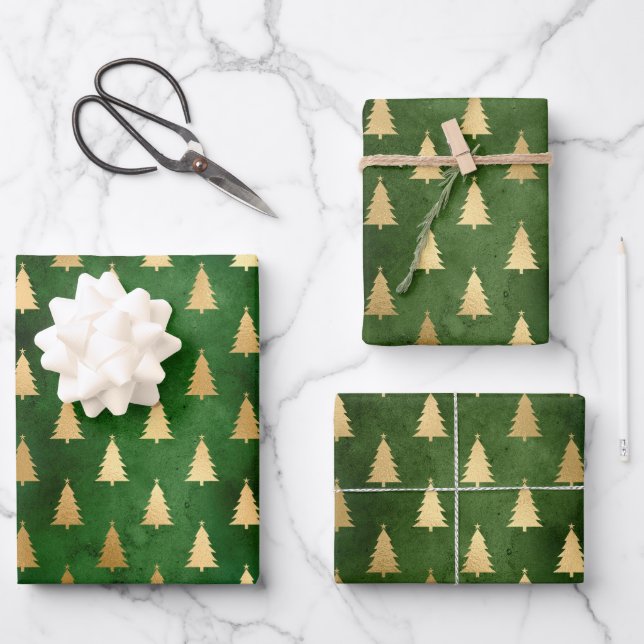 Boho Green Gold Trees Christmas Wrapping Paper Sheets (Front)