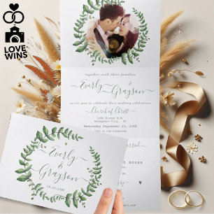 Boho Green Leaf Olive Green Ash Wreath Wedding Tri Tri-Fold Invitation