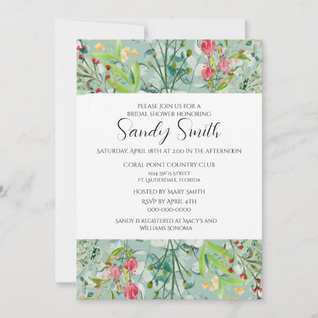 Boho Green Leaves and Wildflowers Bridal Shower  Invitation (Front)