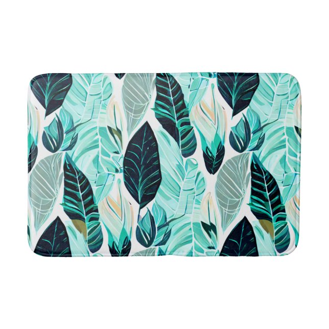 Boho green leaves fun bath mat (Front)