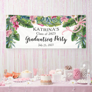 Boho Green Leaves   Pink Hibiscus Graduation Party Banner