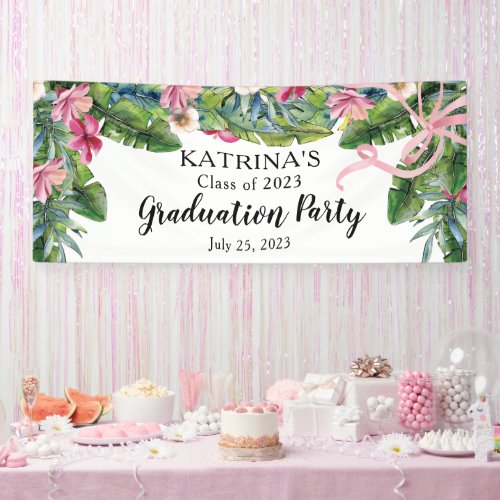 Boho Green Leaves  Pink Hibiscus Graduation Party Banner