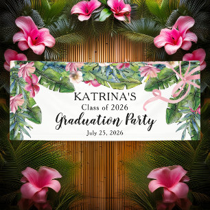 Boho Green Leaves Pink Hibiscus Graduation Party Banner