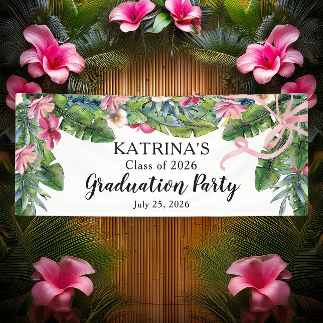 Boho Green Leaves | Pink Hibiscus Graduation Party Banner (Boho Green Tropical Leaves Pink Hibiscus Graduation Party Banner - Great for Beach and Pool Parties)