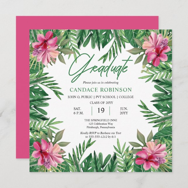 Boho Green Leaves | Pink Hibiscus Graduation Party Invitation (Front/Back)