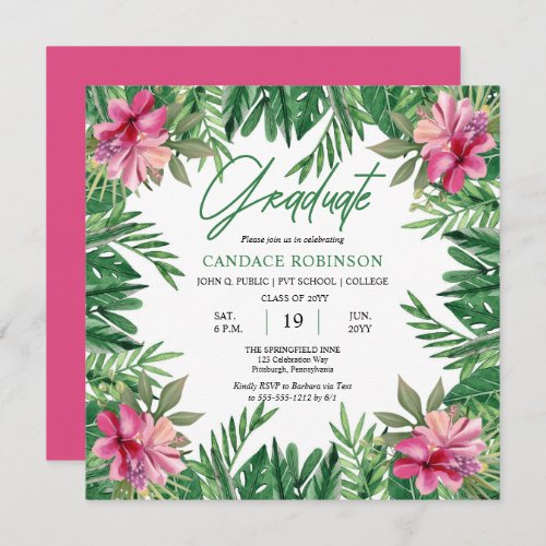 Boho Green Leaves  Pink Hibiscus Graduation Party Invitation