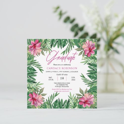 Boho Green Leaves  Pink Hibiscus Graduation Party Invitation