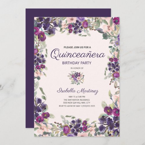 Boho Green Leaves Purple Pink Floral Quinceaera Invitation