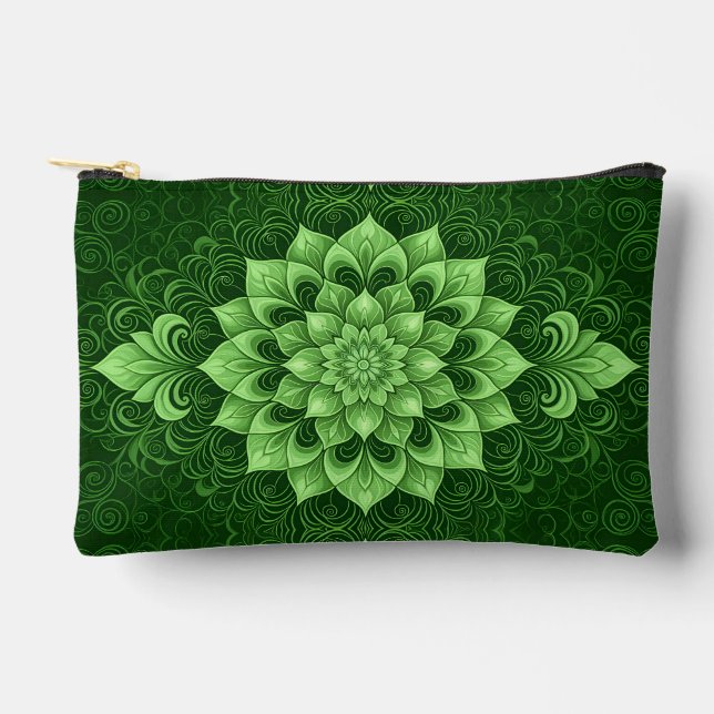 Boho Green Mandala Flower Accessory Pouch (Front)