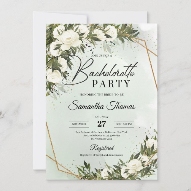 Boho green olive foliage white roses bachelorette invitation (Front)