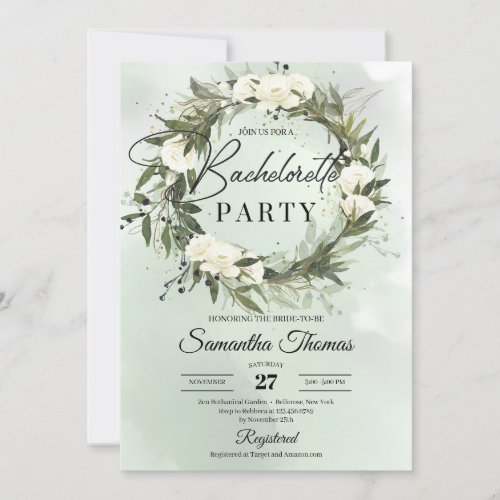 Boho green olive wreath white roses bachelorette invitation