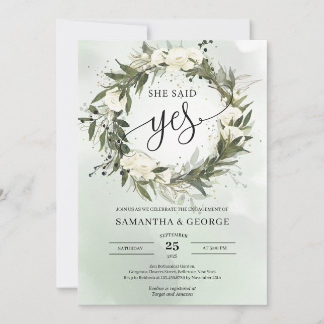 Boho Green Olive wreath white roses she said yes  Invitation (Front)