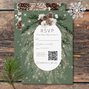 Boho Green Pine Winter Sparkle QR Code RSVP Card