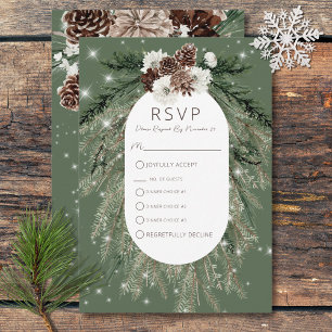 Boho Green Pine Winter Sparkle Three Dinner RSVP Card
