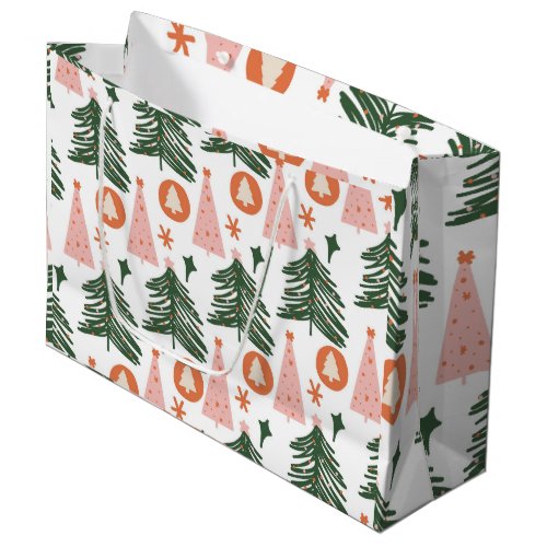 Boho Green Pink Orange Christmas Trees Large Gift Bag